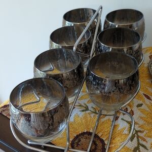 Vintage Silver Floral Etched Glass Set with Holder